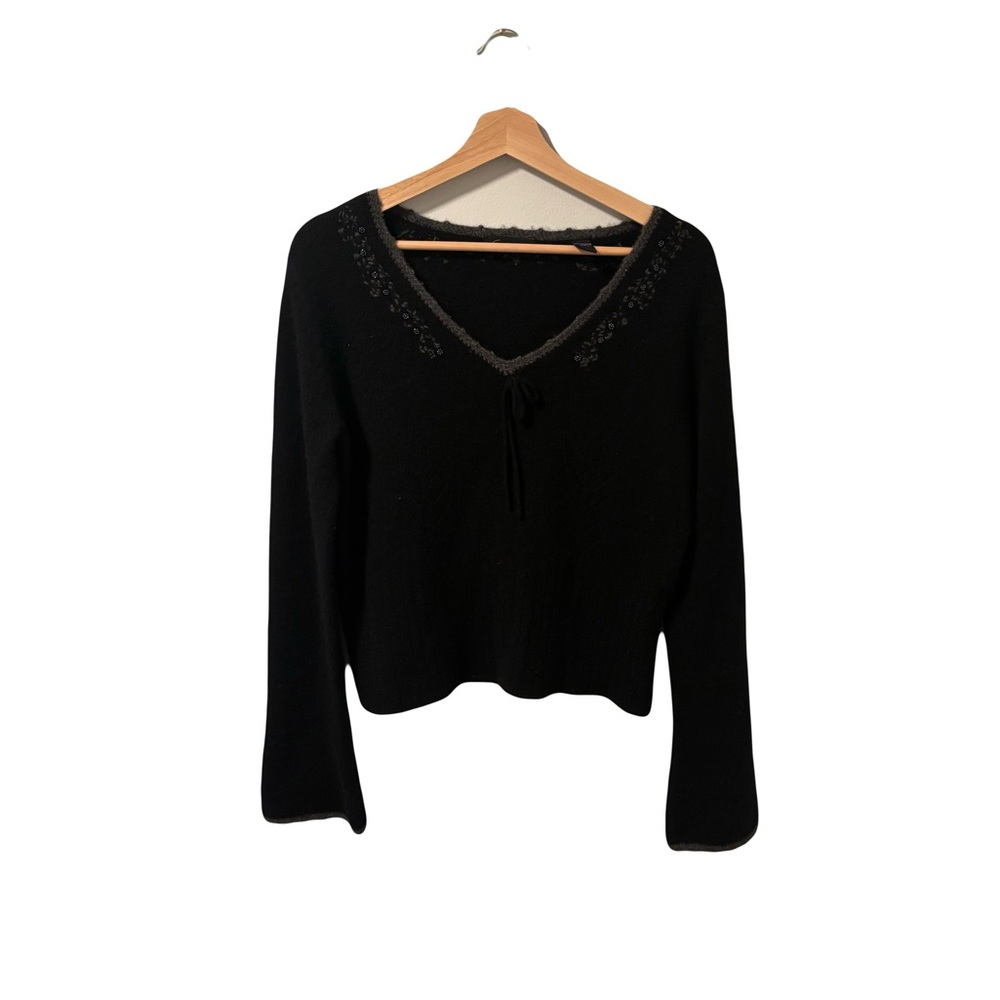 Black cashmere V-Neck Sweater with Embellished Trim and bell sleeves